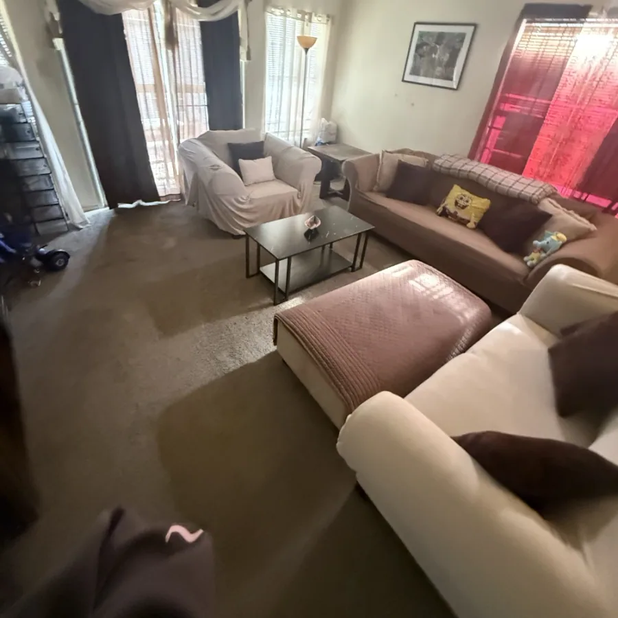 Same living room tidied, vacuumed, and reset by Super Clean